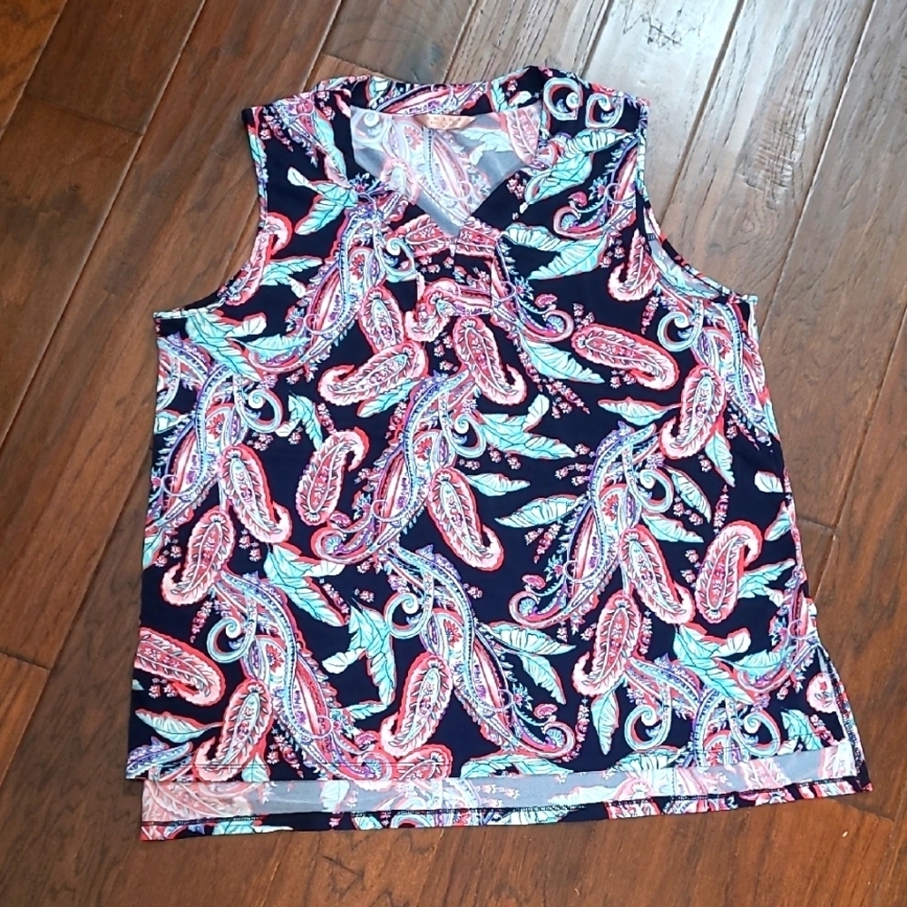 Amana navy blue with colorful paisley pattern sleeveless top size 2X